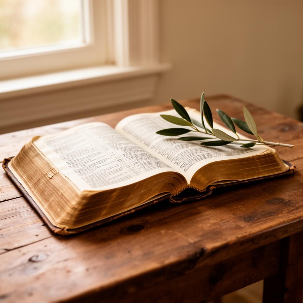 An open Bible beside an olive branch in soft window light
